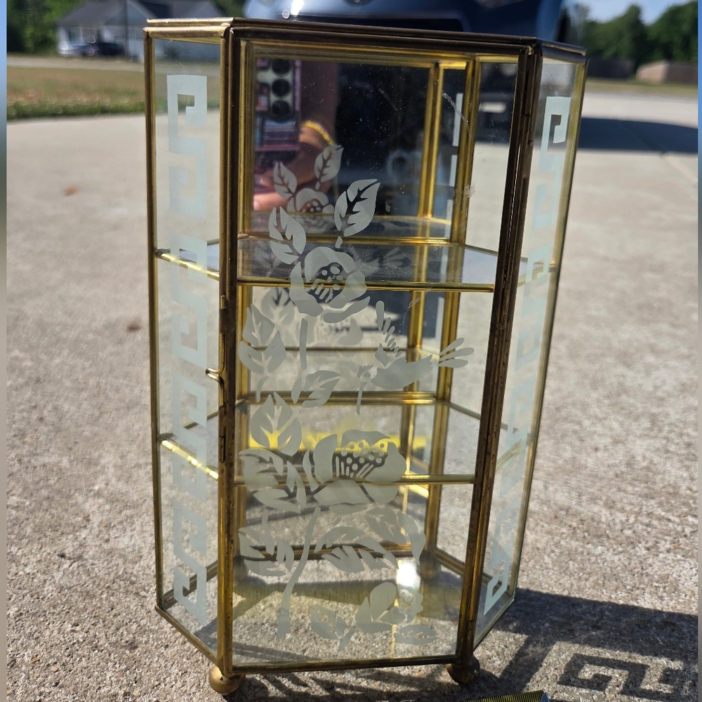 VTG Brass Glass Etched Floral Cabinet - Elegant Home Storage